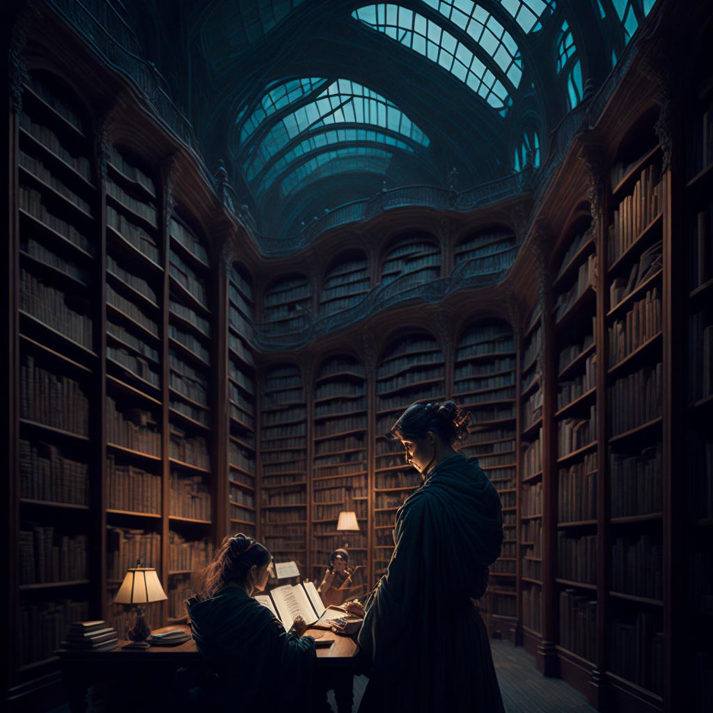 Dos mujeres en una biblioteca